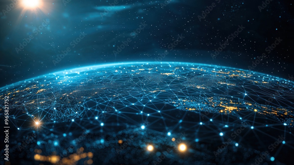 Obraz premium Abstract futuristic digital background with blue glowing global network and internet connections on a dark planet Earth globe. Digital technology, big data connection concept