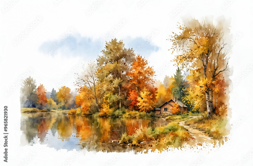 Autumn landscape with a house. Watercolor sketch on white paper Autumn landscape with a house. Watercolor sketch on white paper