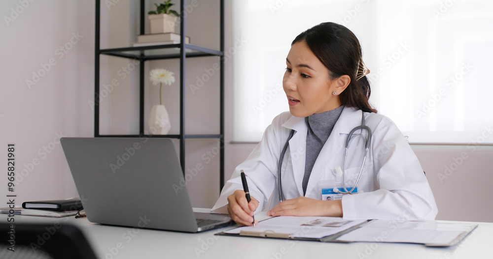 Young asia people female medic live talk speak look at laptop computer work in online visit clinic care to help see patient on digital telehealth telemedicine smart covid teleconsult VoIP service app. Young asia people female medic live talk speak look at laptop computer work in online visit clinic care to help see patient on digital telehealth telemedicine smart covid teleconsult VoIP service app.