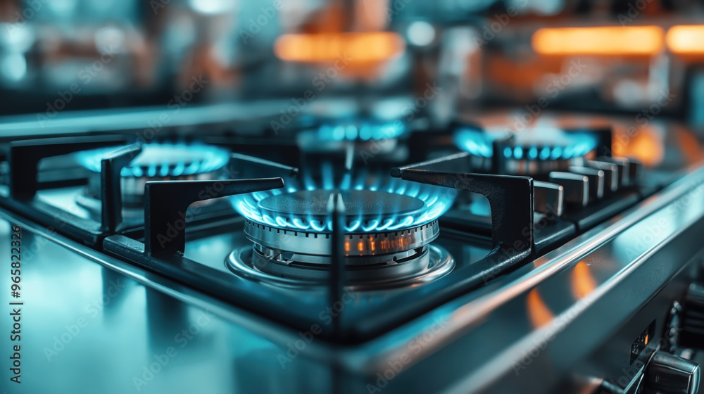 Close-up of a modern stainless steel gas stove with blue flames. The image focuses on the burners ignited with a sharp and vibrant background. Close-up of a modern stainless steel gas stove with blue flames. The image focuses on the burners ignited with a sharp and vibrant background.