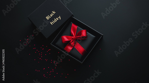 Czarne tło, baner z czarnym pudełkiem obwiazanym czerwona wstążką i złotym napisem "black friday"