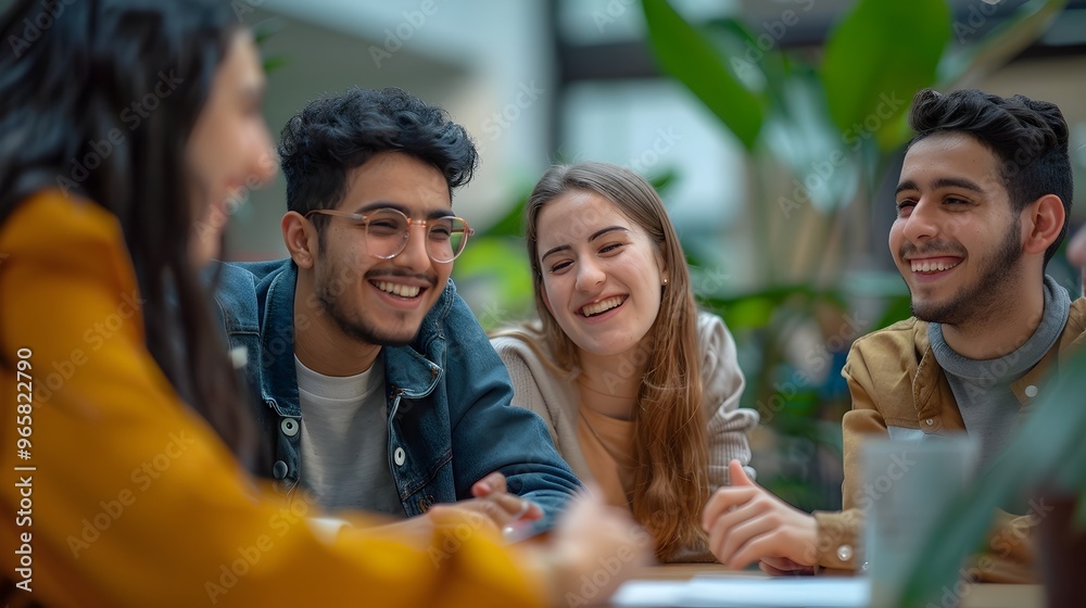 Obraz premium Group of Diverse College Students Engaged in Lively Discussion on Campus