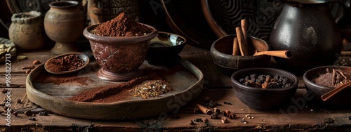 Rustic cocoa powder and spices on wooden table