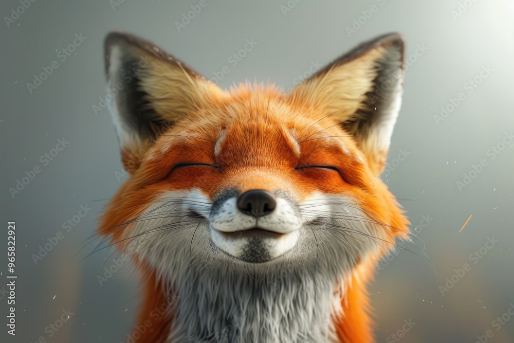 Obraz premium Close-Up of a Smiling Fox with Closed Eyes Against Neutral Background