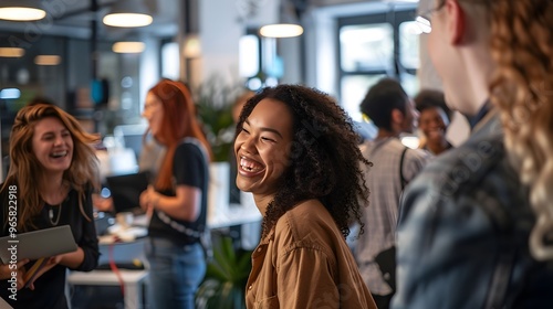 Enthusiastic Multiracial Coworkers Collaborating in Vibrant Office Environment