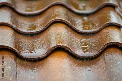 Detailed View of Wet Brown Roof in Stormy Weather