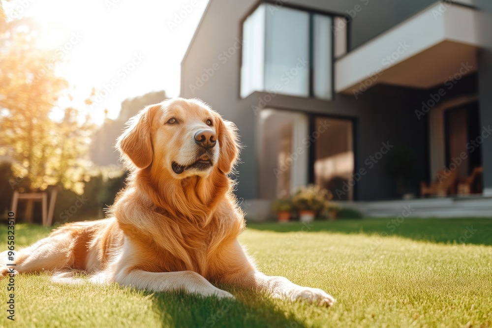 Dog Daydreaming in Garden Near Modern House in Sunlight Dog Daydreaming in Garden Near Modern House in Sunlight