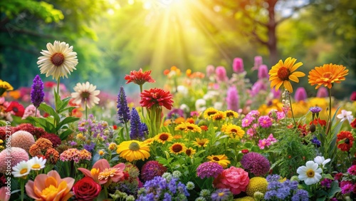 Explosion of colorful flowers in a vibrant garden, blooms, petals, nature, vibrant, botanical, colorful, garden, spring