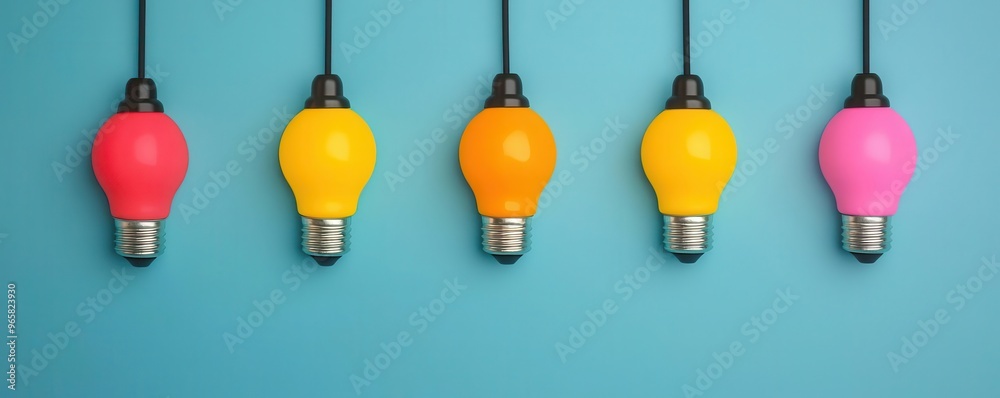 Vibrant hanging light bulbs in various colors against a blue background, adding a playful touch to modern decor and design. Isolate Clear and Clean background Vibrant hanging light bulbs in various colors against a blue background, adding a playful touch to modern decor and design. Isolate Clear and Clean background
