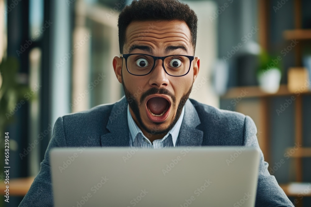 Office Background with Businessman in Shocked Laptop Moment Office Background with Businessman in Shocked Laptop Moment
