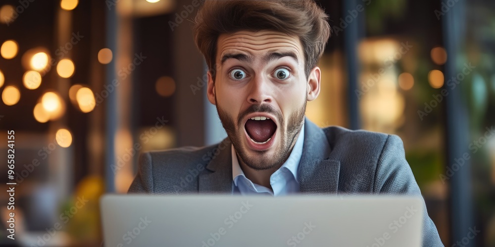 Excited Businessman Gazing at Laptop in Modern Workspace Excited Businessman Gazing at Laptop in Modern Workspace