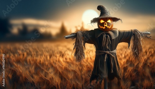 Scarecrow in realistic goblin shape, Halloween