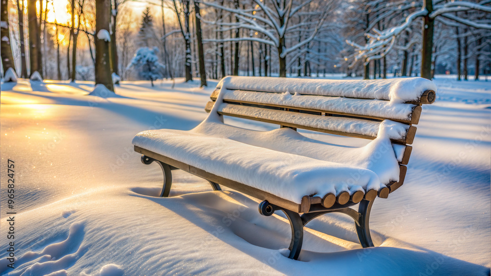 Snow-covered bench in a winter park