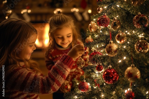 Two happy children decorating a Christmas tree with lights and ornaments, creating festive holiday memories by the fireplace.