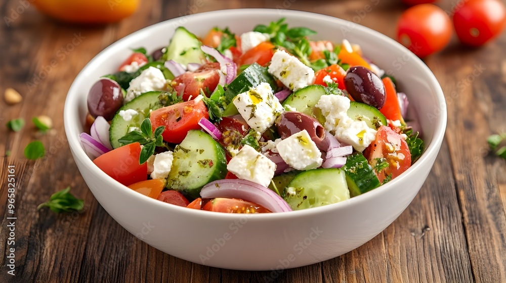 A delightful stock photo of a Greek salad served in a white bowl, featuring cucumbers, tomatoes, red onions, Kalamata olives, and crumbled feta cheese. A delightful stock photo of a Greek salad served in a white bowl, featuring cucumbers, tomatoes, red onions, Kalamata olives, and crumbled feta cheese.