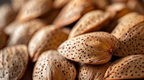 A heap of raw almonds with their brown shells intact