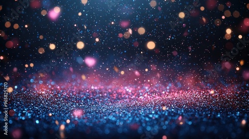 Glistening particles scatter across a dark background creating a vibrant atmosphere filled with color and texture