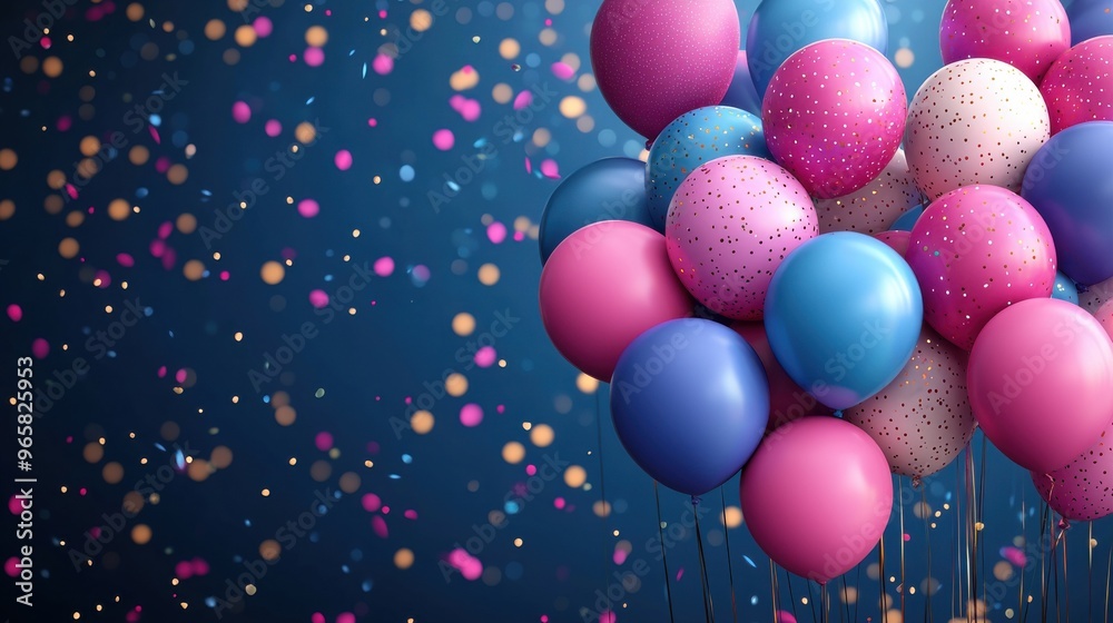 Colorful balloons filled with excitement floating against a dark background at a festive celebration with confetti Colorful balloons filled with excitement floating against a dark background at a festive celebration with confetti