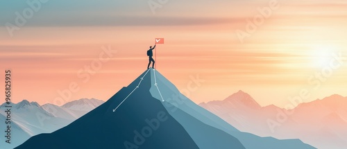 Business leader climbing a mountain with strategic milestones marked, success journey, achievement concept
