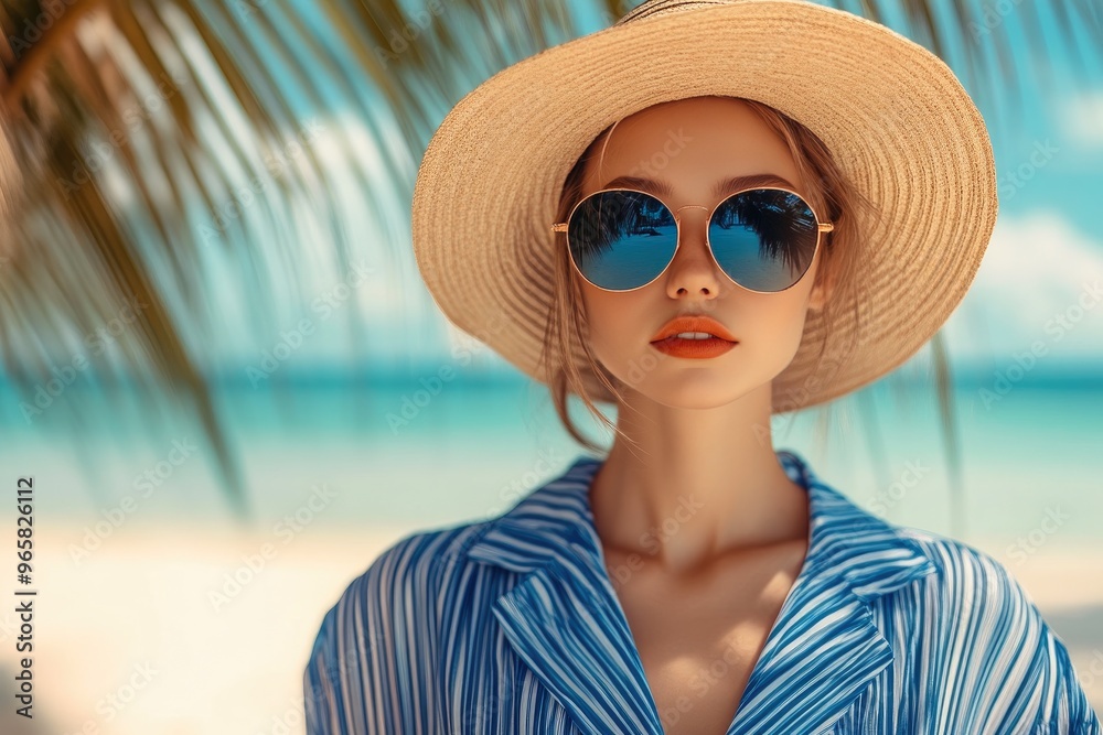 Elegant Beachwear: Woman in Blue Stripes on Sandy Shore Elegant Beachwear: Woman in Blue Stripes on Sandy Shore