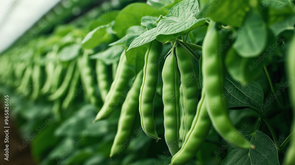 Close-up of a row of fresh green beans growing on plants, showcasing a vibrant and healthy agricultural environment, with focus on the bean pods and leaves. Close-up of a row of fresh green beans growing on plants, showcasing a vibrant and healthy agricultural environment, with focus on the bean pods and leaves.