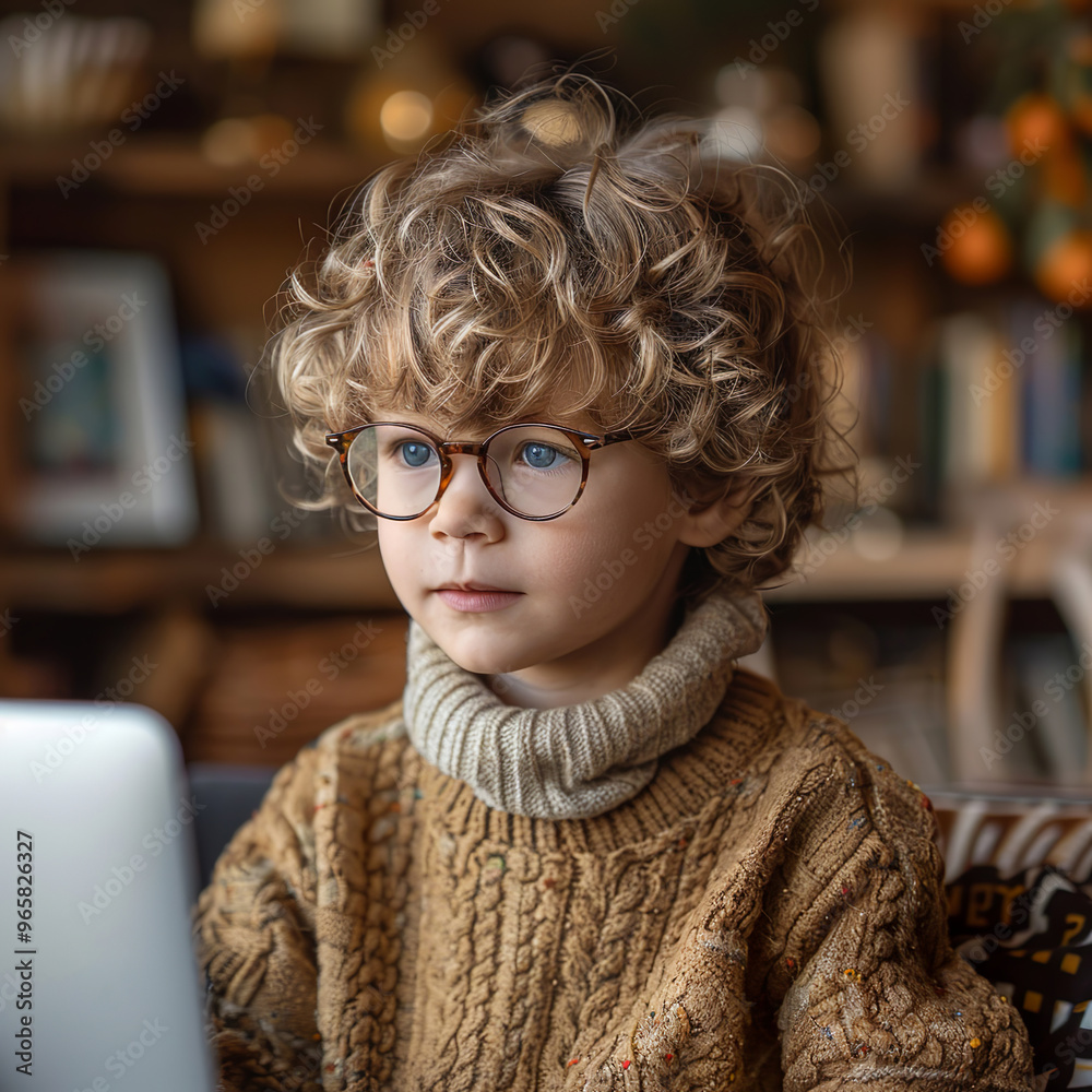 Young boy using a digital tablet while sitting on a sofa in a cozy interior with a bookcase in the background