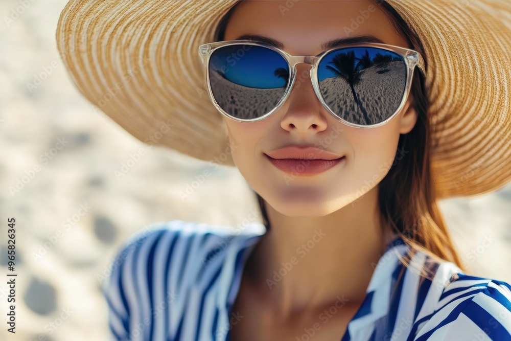 Summer Vibes: Woman in Blue Stripes with Beach Background Summer Vibes: Woman in Blue Stripes with Beach Background