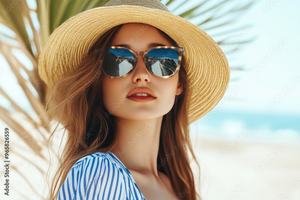 Sunny Day at the Beach: Woman in Blue Stripes and Hat Sunny Day at the Beach: Woman in Blue Stripes and Hat