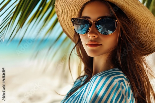 Bright Beach Day: Woman in Straw Hat with Sea View