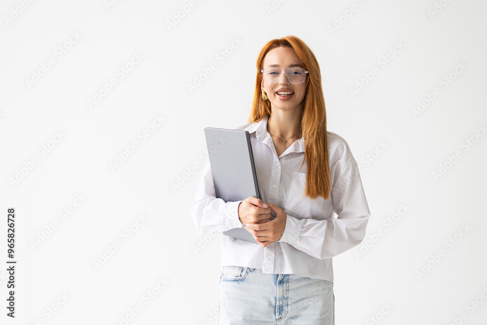 Portrait of a happy businesswoman working on laptop computer isolated over white background Portrait of a happy businesswoman working on laptop computer isolated over white background