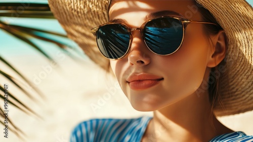 Sunshine and Style: Woman in Striped Outfit on Beach with Palm Tree