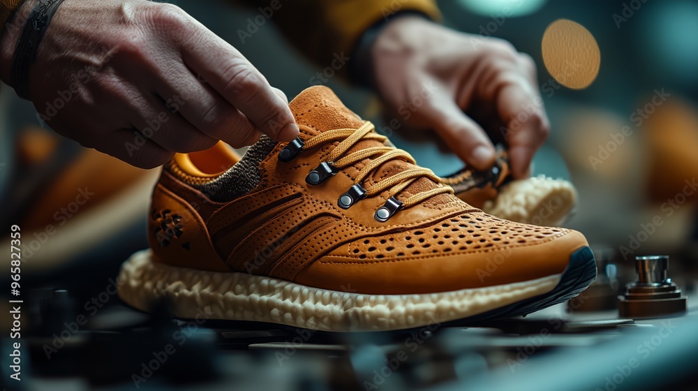 Close-up of a professional cobbler's hands lacing up a brown sneaker during a shoe repair service. Close-up of a professional cobbler's hands lacing up a brown sneaker during a shoe repair service.