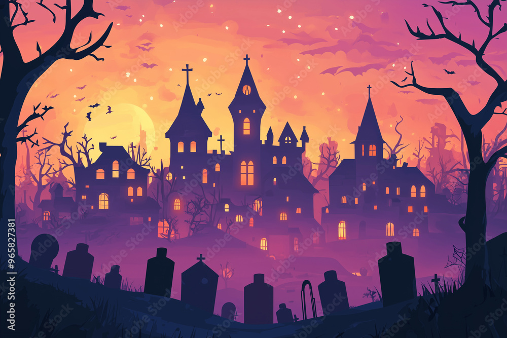 Halloween holiday banner, witch haunted castles in forest and tombstones on graveyard Halloween holiday banner, witch haunted castles in forest and tombstones on graveyard