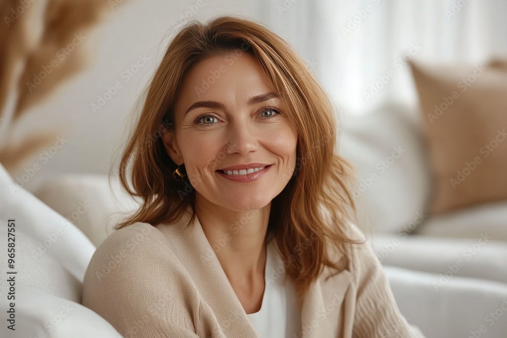 Happy woman in neutral living room setting Happy woman in neutral living room setting