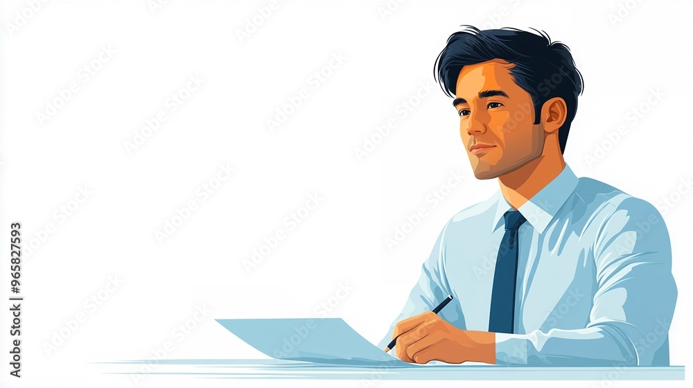 Professional Businessman Working at Desk with a Pen and Documents in Hand Professional Businessman Working at Desk with a Pen and Documents in Hand