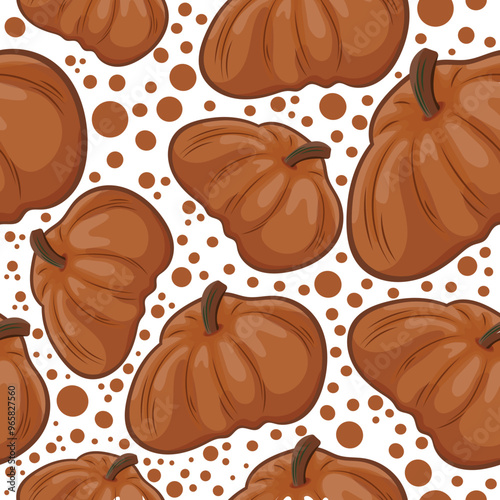 seamless pattern of gingerbread cookies in the shape of round pumpkins with round crumb tails for various halloween designs