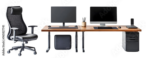 Modern Office Desk with Computer Setup on Transparent Background