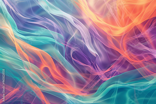 Vibrant abstract waves in rich teal, purple, and orange tones blending fluidly, creating a dynamic and energetic background full of vivid colors and motion.