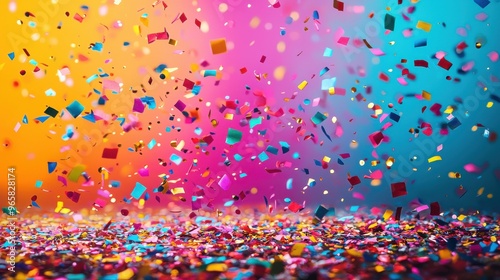 Colorful confetti bursts against a vibrant gradient background during a festive celebration
