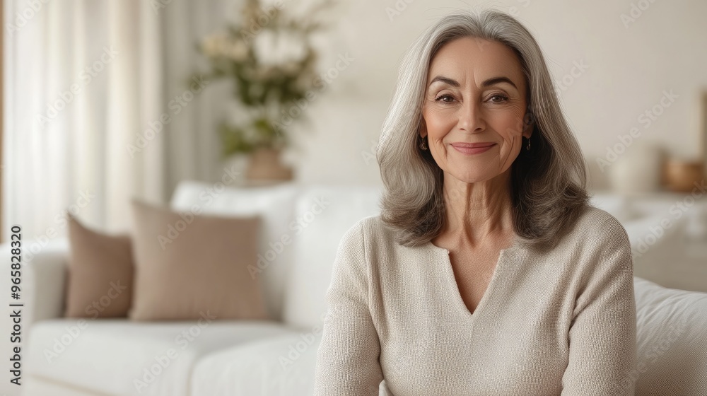 Elegant mature woman sitting on white couch Elegant mature woman sitting on white couch