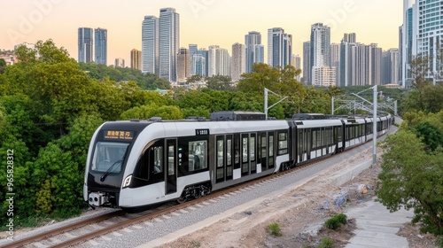 An ultra-luxury maglev train speeds along an elevated track against a vibrant sunset, surrounded by skyscrapers and lush green vegetation in the valley below