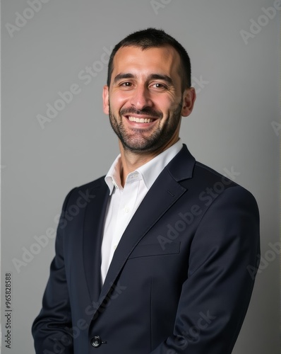 A smiling, confident man in a formal black suit, arms crossed, exuding professionalism and charisma against a neutral background.