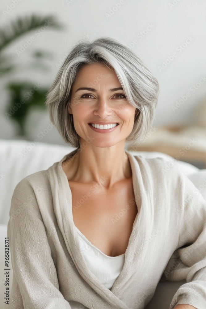Smiling senior woman in bright and airy home