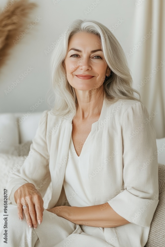 Older woman in beige outfit sitting gracefully Older woman in beige outfit sitting gracefully