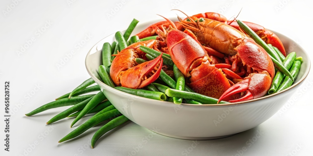 A bowl of cooked lobsters and green beans on a white background, seafood, gourmet, cooking, cuisine A bowl of cooked lobsters and green beans on a white background, seafood, gourmet, cooking, cuisine