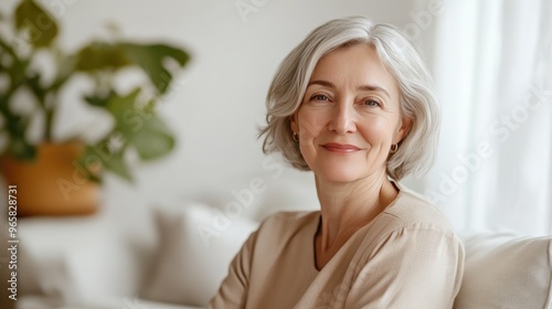 Elegant Mature Woman Smiling in Beige Outfit