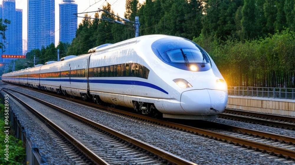 Fototapeta premium An ultra-luxury maglev train speeds along an elevated track against a vibrant sunset, surrounded by skyscrapers and lush green vegetation in the valley below