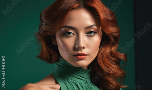 A woman with auburn hair and green eyes stares intensely at the camera, wearing a green turtleneck top against a dark green background