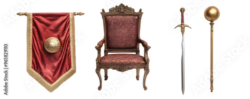 Red and Gold Royal Chair, Sword, and Staff on a Transparent Background for PNG Graphic Design Projects.