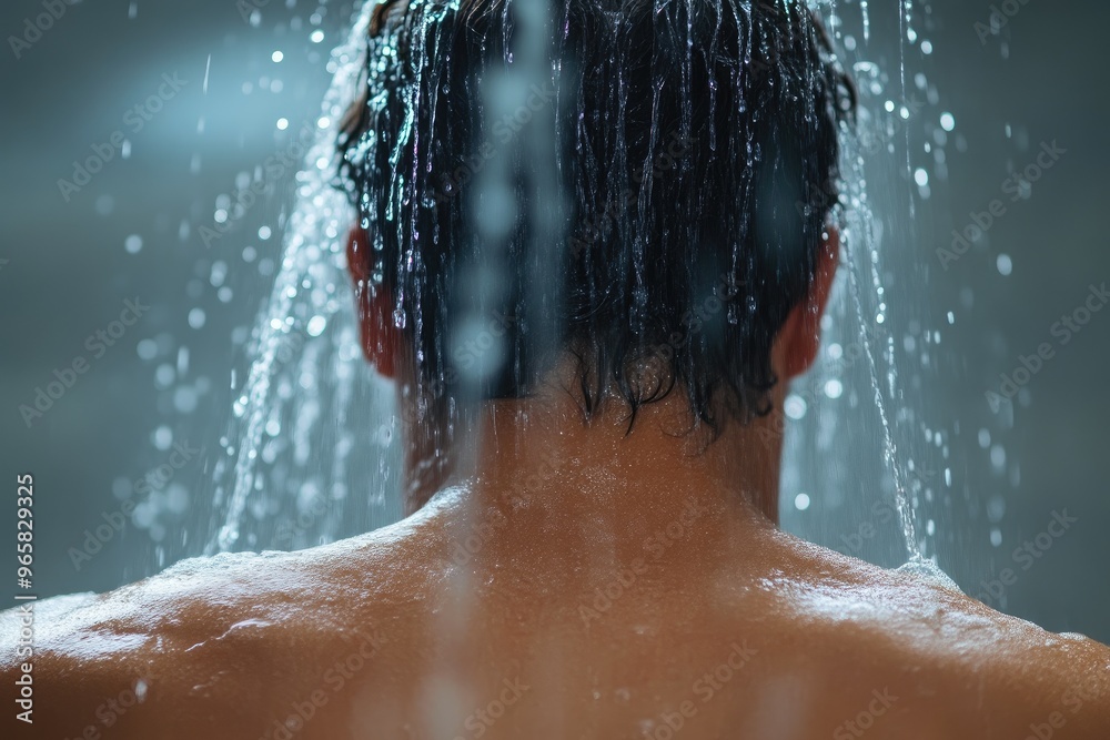 Fototapeta premium Young Man Enjoying Shower, Rear Perspective